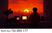 Crimson Sunset Cityscape: A lone figure watches a vibrant sunset over a sprawling city from a window filled with vintage tech. Стоковое AI-изображение, AI-художник Данила Большаков / Фотобанк Лори