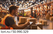 Warehouse employee reviews inventory while surrounded by packages and ambient lighting. Стоковое AI-видео, аниматор Сергей Толмачёв / Фотобанк Лори