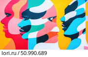 Abstract Colorful Mural of Female Faces: A vibrant street art piece featuring three stylized female faces in a bold, geometric design. The artwork utilizes bright, contrasting colors and organic sha. Стоковое AI-изображение, AI-художник Данила Большаков / Фотобанк Лори