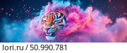 Majestic Tiger Emerging from Vibrant Colorful Smoke for Wild Fantasy Adventure Poster. Стоковое AI-изображение, AI-художник Данила Большаков / Фотобанк Лори