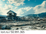 Residential street in ruins after an earthquake, illustrating the devastation of natural disasters. For educational, emergency response, and urban development materials. Стоковое AI-изображение, AI-художник Лариса Пономарева / Фотобанк Лори