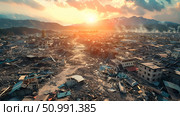 Evening light over the ruins of a city destroyed by an earthquake, representing visual content for news reports and emergency articles. Concept: Aftermath of natural disasters. For news reports and emergency articles. Стоковое AI-изображение, AI-художник Лариса Пономарева / Фотобанк Лори