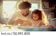 Father and Daughter Crafting Together: A heartwarming scene of a dad and his little girl creating something together, bathed in the warm glow of sunlight. Стоковое AI-изображение, AI-художник Данила Большаков / Фотобанк Лори
