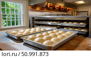 Proofing bread dough rising in trays in restaurant kitchen. Стоковое фото, фотограф Юрий Поздников / Фотобанк Лори