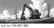 Excavator working in desolate landscape under cloudy sky. Стоковое фото, фотограф Юрий Поздников / Фотобанк Лори