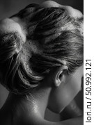 Woman washing hair with shampoo foam, black and white beauty portrait. Стоковое фото, фотограф Юрий Поздников / Фотобанк Лори