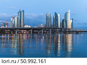 Haeundae District of Busan, South Korea. Marine City panoramic skyline (2018 год). Стоковое фото, фотограф EugeneSergeev / Фотобанк Лори
