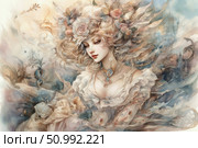 An elegant watercolor illustration of a beautiful woman in a romantic image. Her golden hair is decorated with a luxurious composition of flowers, and her outfit is reminiscent of the Baroque era - with draperies, lace and pearl jewelry. The painting is filled with soft, pastel shades that create a feeling of lightness, dreaminess and sophisticated beauty. In the background are elements of a fantastic landscape with towers and foliage, as if dissolving in watercolor waves. Стоковое AI-изображение, AI-художник Анна Кривицкая / Фотобанк Лори