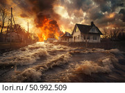 Floodwaters surging through a residential area during a firestorm, illustrating the compound impact of natural disasters. For educational, urban planning, and disaster response materials. Стоковое AI-изображение, AI-художник Лариса Пономарева / Фотобанк Лори