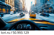 Driving through a snowy city street at sunset. A fast-paced urban scene with blurred buildings and vehicles. Стоковое AI-изображение, AI-художник Данила Большаков / Фотобанк Лори