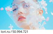 Enchanted Portrait: Woman's Face Adorned with Crystal Veil and Delicate Petals. Стоковое AI-изображение, AI-художник Данила Большаков / Фотобанк Лори