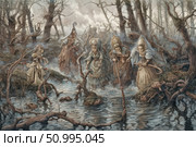Atmospheric illustration in dark fantasy style: a group of women in luxurious historical costumes cross a gloomy forest swamp. The trees are twisted, the roots are exposed, and the water reflects the gray sky and ominous silhouettes. Each figure holds a staff and moves carefully, as if following an ancient ritual or quest. The illustration is rich in detail and symbolism, perfect for book design, board games, music covers and trading cards. Стоковое AI-изображение, AI-художник Анна Кривицкая / Фотобанк Лори