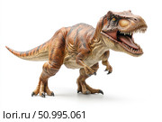 Photo of a detailed dinosaur model on a white background. Realistic figurine of a predatory dinosaur with an open mouth, sharp teeth and a muscular body. The image is great for illustrating paleontological topics, educational projects, children's encyclopedias, and in materials on the prehistoric era. Ideal for use in articles, covers, presentations, games and educational resources. Стоковое AI-изображение, AI-художник Анна Кривицкая / Фотобанк Лори