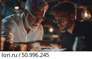 Expert mentor guides young professional through innovative project in modern workspace during evening hours. Стоковое AI-видео, аниматор Сергей Толмачёв / Фотобанк Лори