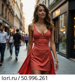A stunning woman strolls confidently along a bustling street, wearing a flattering dress that accentuates her elegance. People are casually walking nearby on a bright, sunny day Generative AI. Стоковое AI-изображение, AI-художник Юлия Петровская / Фотобанк Лори