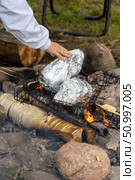 Campfire cooking with food wrapped in aluminum foil over open flames. Стоковое фото, фотограф Данила Большаков / Фотобанк Лори