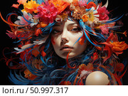 Portrait of a girl with expressive facial features, surrounded by a swirl of bright flowers and decorative elements. The hair smoothly turns into floral motifs, combining rich blue, red and orange shades. The flower wreath emphasizes the mythological and magical atmosphere of the image. This work is ideal for themes of fantasy, female power, goddesses, spring, creative illustration, art project or cover design. Стоковое AI-изображение, AI-художник Анна Кривицкая / Фотобанк Лори