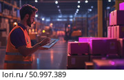 Worker uses tablet in large warehouse during evening hours for inventory management. Стоковое AI-видео, аниматор Сергей Толмачёв / Фотобанк Лори
