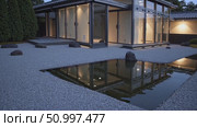 Modern house with expansive windows mirroring twilight's soft light, reflecting onto tranquil pond surface surrounded by zen garden's smooth gravel and minimalist rocks. Стоковое AI-видео, аниматор Данил Руденко / Фотобанк Лори