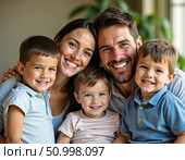 In a warm and inviting living room, a happy family gathers together, showcasing their love and connection through bright smiles and playful poses Generative AI. Стоковое AI-изображение, AI-художник Юлия Петровская / Фотобанк Лори