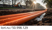 Trenching for Installing Fiber Optic Cables in the Bright Morning Sunlight and Light. Стоковое AI-изображение, AI-художник Лариса Пономарева / Фотобанк Лори