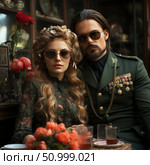 Stylish portrait of a spectacular couple in a vintage setting. The woman with long wavy blond hair and flowers in her hairdo is wearing a richly decorated Victorian dress. The man is in a military uniform with orders and medals, strict and confident. Both are wearing sunglasses, creating a contrast between the classic and modern style. The atmosphere of elitism, mystery and retro glamour. In the foreground is a tea ceremony with flowers and a tea set. A great image for the themes: fashion, style, couple, elite, vintage, romance. Стоковое AI-изображение, AI-художник Анна Кривицкая / Фотобанк Лори