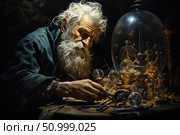 Atmospheric digital illustration of an elderly scientist or alchemist working in the semi-darkness at a table covered with glass flasks, tools and mysterious mechanisms. His face is illuminated by a soft light, emphasizing concentration and wisdom. The work is done in a dark range with an emphasis on golden and amber shades. The illustration evokes associations with the Renaissance, scientific discoveries, magic and philosophy. Suitable for themes: science, history, fantasy, alchemy, magic. Стоковое AI-изображение, AI-художник Анна Кривицкая / Фотобанк Лори