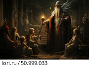 Epic fantasy scene in a mysterious hall. A wise old man in armor and a robe with a winged helmet hands a magic staff to a young girl sitting at his feet. The atmosphere is filled with candlelight, the flickering of magic and the solemnity of the ritual. Elders, children and statues are around, creating a sense of an ancient council or initiation ceremony. The illustration is perfect for themes: fantasy, magic, ancient rituals, power, wisdom, legends. Стоковое AI-изображение, AI-художник Анна Кривицкая / Фотобанк Лори