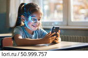 A schoolgirl is sitting at a table by the window with a smartphone in her hands. An abstract digital portrait, the face is layered on a grid of data and pixels. Стоковое AI-изображение, AI-художник Терехова Марина / Фотобанк Лори