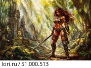 A fierce Amazon warrior with a muscular body stands among the ruins of an ancient temple engulfed by the jungle. Стоковое AI-изображение, AI-художник Алексей Кузнецов / Фотобанк Лори