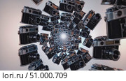 Vintage cameras swirling artistically, creating nostalgic composition with soft luminescence drawing viewer toward glowing endpoint. Стоковое AI-видео, аниматор Данил Руденко / Фотобанк Лори
