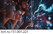 Investors analyzing stock market trends in a modern trading room at night. Стоковое AI-видео, аниматор Сергей Толмачёв / Фотобанк Лори