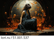 A fantastic digital illustration of a woman in a dark dress, sitting on a stone plinth in front of a giant sphere radiating light and surrounded by orange energy balls. The painting is filled with symbolism and a mystical atmosphere: abstract energy lines radiate from the center of the composition, creating the effect of technological magic. The image of the woman is associated with a goddess, a seer or a guardian of knowledge. The color scheme combines cold shadows and warm glow, emphasizing the contrast between the material and energetic worlds. Стоковое AI-изображение, AI-художник Анна Кривицкая / Фотобанк Лори