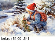 A touching watercolor illustration of a boy in a winter forest. He is wearing warm clothes, a red backpack and a Santa hat, decorating a small Christmas tree with pine cones and nuts. Fluffy snow lies around, snow-covered trees create a magical atmosphere of a winter holiday. The illustration is filled with warmth, care and anticipation of a miracle - ideal for New Year's cards, children's books, holiday posters and winter collections. Стоковое AI-изображение, AI-художник Анна Кривицкая / Фотобанк Лори