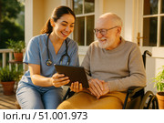 Nurse Engaging with Elderly Patient Using a Tablet in a Warm, Natural Setting, Highlighting Compassionate Care and Health Technology Integration. Стоковое AI-изображение, AI-художник Башкирова Анна / Фотобанк Лори
