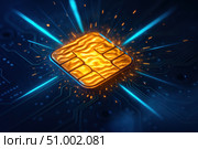 Vibrant Energy Burst from a Golden Chip Surrounded by Electric Blue Circuitry, Symbolizing Cutting-Edge Technology and Digital Innovation. Стоковое AI-изображение, AI-художник Башкирова Анна / Фотобанк Лори