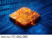 A Visually Striking Representation of a Computer Chip Illuminated with Fiery Cracks, Surrounded by Blue Digital Circuitry and Binary Code. Стоковое AI-изображение, AI-художник Башкирова Анна / Фотобанк Лори