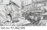 Engineer inspecting large engine in black and white. Стоковое AI-видео, аниматор Юрий Поздников / Фотобанк Лори