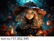 A magical portrait of a young girl with bright blue eyes in a fantasy forest. She is wearing an elegant vintage dress and a large decorative hat. Her face is softly illuminated by a mysterious light coming from candles and glowing flowers. The illustration is made in a fairy-tale style with fantasy elements, perfect for book covers, art projects, postcards and interior prints. The atmosphere of mysticism, mystery and magic. Стоковое AI-изображение, AI-художник Анна Кривицкая / Фотобанк Лори