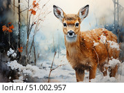 Charming watercolor illustration of a young fawn in a winter forest. Gentle light, fluffy snow and thin branches with reddish leaves create an atmosphere of peace and comfort. The fawn's gaze is filled with trust and curiosity, which makes the image especially touching. Suitable for use in winter cards, children's books, interior design, packaging design and seasonal printing. Стоковое AI-изображение, AI-художник Анна Кривицкая / Фотобанк Лори