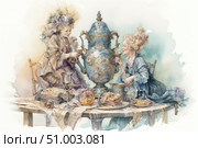 A rococo-style watercolor illustration: two aristocrats in lush 18th-century attire are having a social conversation over tea. The center of the composition is a huge, elegant samovar decorated with gold patterns. On the table are pies, desserts, pumpkin, silver goblets and carved dishes. The scene conveys the atmosphere of an exquisite feast, the lightness and luxury of a bygone era. Ideal for themes of history, fashion, cooking, vintage, aristocratic life and 18th-century aesthetics. Стоковое AI-изображение, AI-художник Анна Кривицкая / Фотобанк Лори