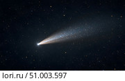 Vibrant comet with a glowing tail flies through cosmos. Стоковое AI-изображение, AI-художник Андрей Митин / Фотобанк Лори