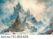 Fantasy watercolor illustration of a majestic castle nestled among snow-capped mountain peaks. High spires, ornate architecture and harsh landscape create the atmosphere of an ancient kingdom hidden in the icy depths of the world. Below are figures of travelers or warriors approaching the citadel. The picture is filled with epicness, magic and a sense of a great journey. Suitable for book design, games, posters and fantasy projects. Стоковое AI-изображение, AI-художник Анна Кривицкая / Фотобанк Лори