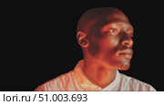 Man meditating in a dark environment with vibrant orange light highlighting facial features and tranquility. Стоковое AI-видео, аниматор Сергей Толмачёв / Фотобанк Лори