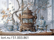 An elegant still life composition with elements of a classic interior. In the center is an exquisite antique samovar with decorative carving, surrounded by antique porcelain dishes with floral patterns. In the background is a window with a refined silhouette of branches and elegant drapery, creating a feeling of morning light. The work is made in the style of hyperrealism with shades of vintage aesthetics. Ideal for interior design, museum projects, printing and vintage collections. Стоковое AI-изображение, AI-художник Анна Кривицкая / Фотобанк Лори