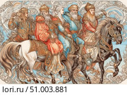 An illustration in the style of Russian folk painting, depicting five horsemen in rich, patterned clothing and with distinct features of the Slavic epic. Two men in royal robes, one noble woman and two warriors in helmets - all of them are riding horses, immersed in movement and solemnity. The composition is saturated with decorative elements, curls and ornaments, creating a sense of a fairy-tale journey in the world of ancient Rus'. The color palette is subduedly saturated - red, blue, gold and ocher tones. Стоковое AI-изображение, AI-художник Анна Кривицкая / Фотобанк Лори