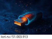 Conceptual Imagery of a Glowing USB Drive Emitting Sparks and Energy on a Dark Background with Circuitry Details. Стоковое AI-изображение, AI-художник Башкирова Анна / Фотобанк Лори