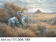 A fantasy scene in the spirit of the eastern steppes: a warrior in traditional costume rides a white horse across a golden windy field. Behind are snow-capped mountains and a majestic wooden building, similar to a fortress or a palace. The illustration is filled with a sense of the path, determination and freedom. Soft pastel colors, fine detailing of the horse's fur, grass and clouds create an atmosphere of fairy-tale realism. Ideal for book design, games, covers, posters, cards and design projects in the fantasy and ethnic genres. Стоковое AI-изображение, AI-художник Анна Кривицкая / Фотобанк Лори