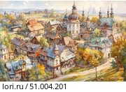 Watercolor illustration of a cozy old town with colorful architecture. The image conveys the atmosphere of a warm autumn day, with golden trees and soft sunlight. In the center of the composition is an Orthodox church with domes and bell towers, surrounded by houses with multi-colored roofs, wooden shutters and carved platbands. The landscape is filled with tranquility, harmony and nostalgia for a lost time. Ideal for decorating postcards, books, posters and art projects. Стоковое AI-изображение, AI-художник Анна Кривицкая / Фотобанк Лори