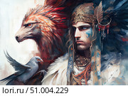 A watercolor portrait of a mythological warrior in the form of a shaman or ancient chieftain. His face is decorated with ritual patterns, on his head is a richly decorated helmet with wings and feathers. Nearby are two birds: one light, similar to a raven or a falcon, the second is a majestic fiery griffin. The painting is filled with symbolism, conveying strength, wisdom and the connection of man with the spirits of nature. Ideal for use in fantasy illustrations, tarot cards, books, covers and art projects. Стоковое AI-изображение, AI-художник Анна Кривицкая / Фотобанк Лори